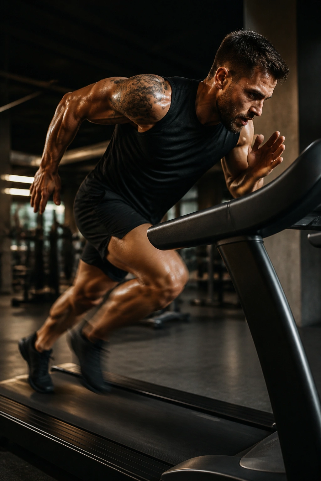 Sprinter on treadmill during Tabata-style intervals
