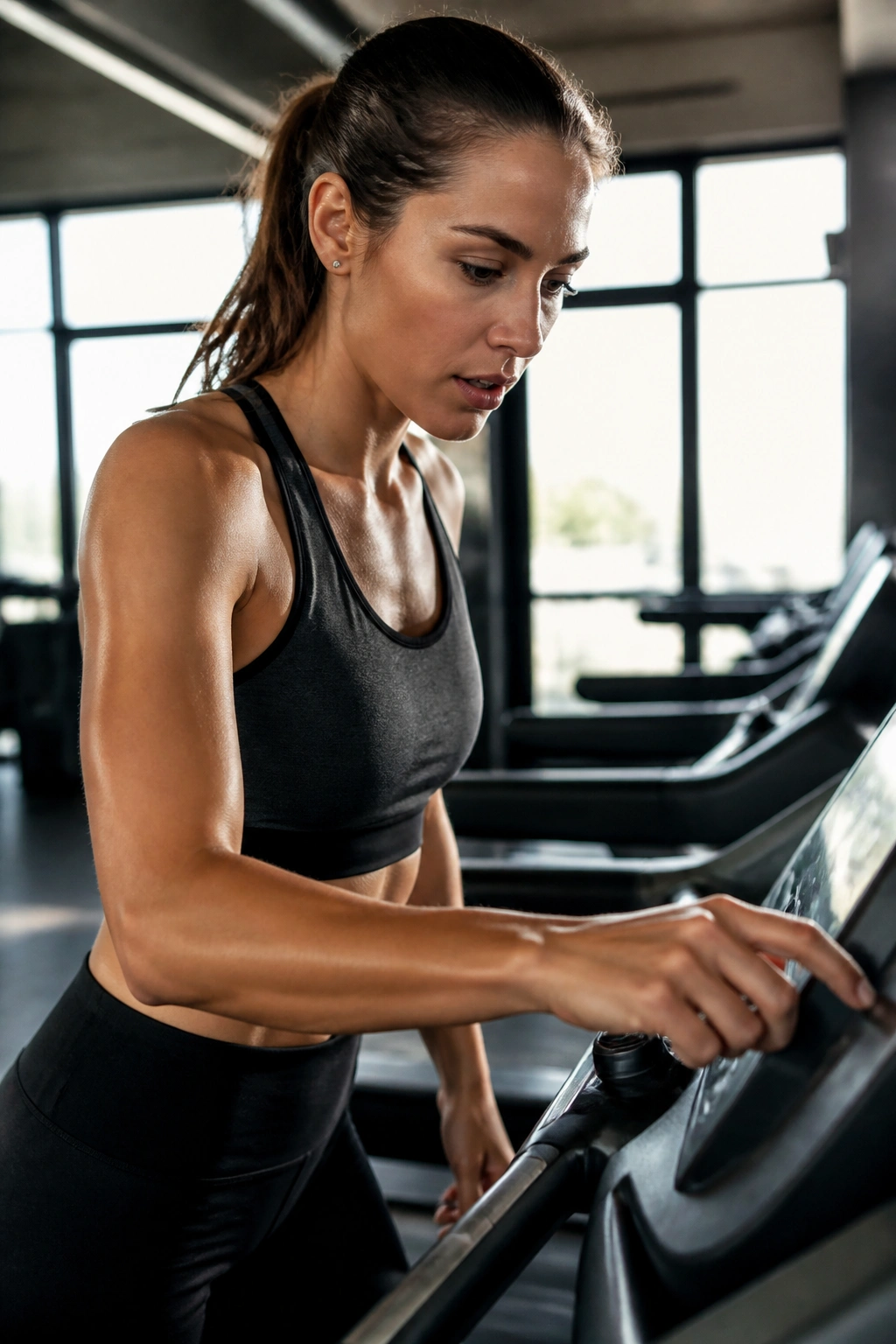 Real person on a treadmill contemplating settings in a gym