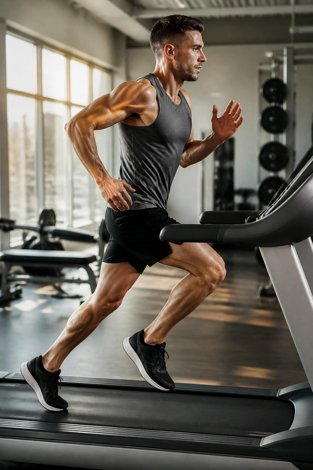 Person sprinting on treadmills in gym during HIIT dash