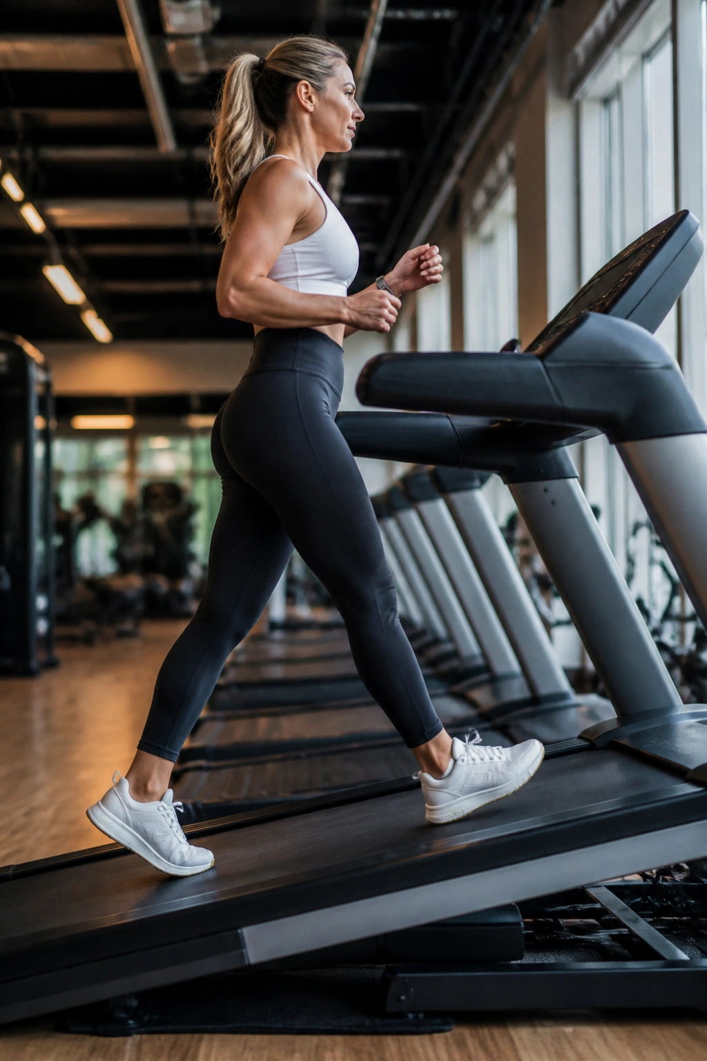 Side-profile of a person walking on an incline treadmill in a gym.