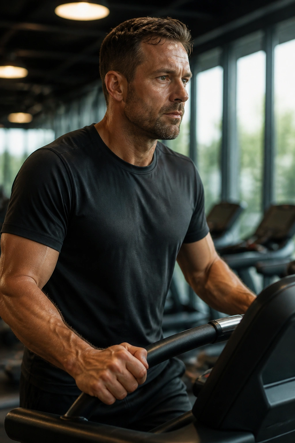 Close-up of a determined runner on a treadmill incline in a gym