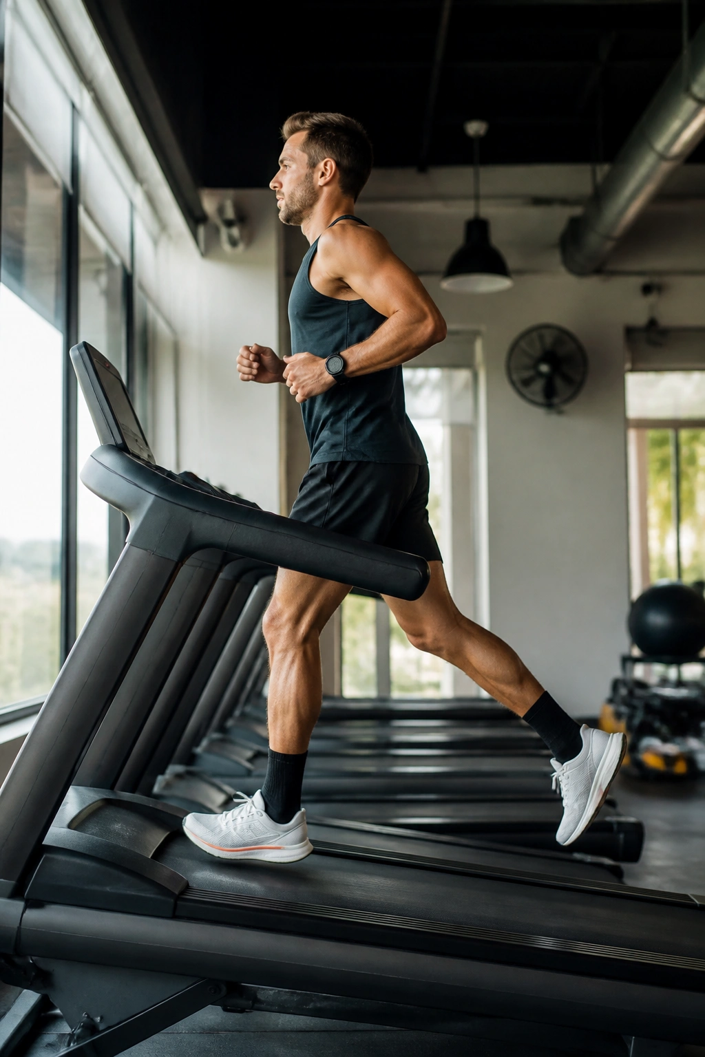 Side-profile of a runner on a treadmill in a bright gym