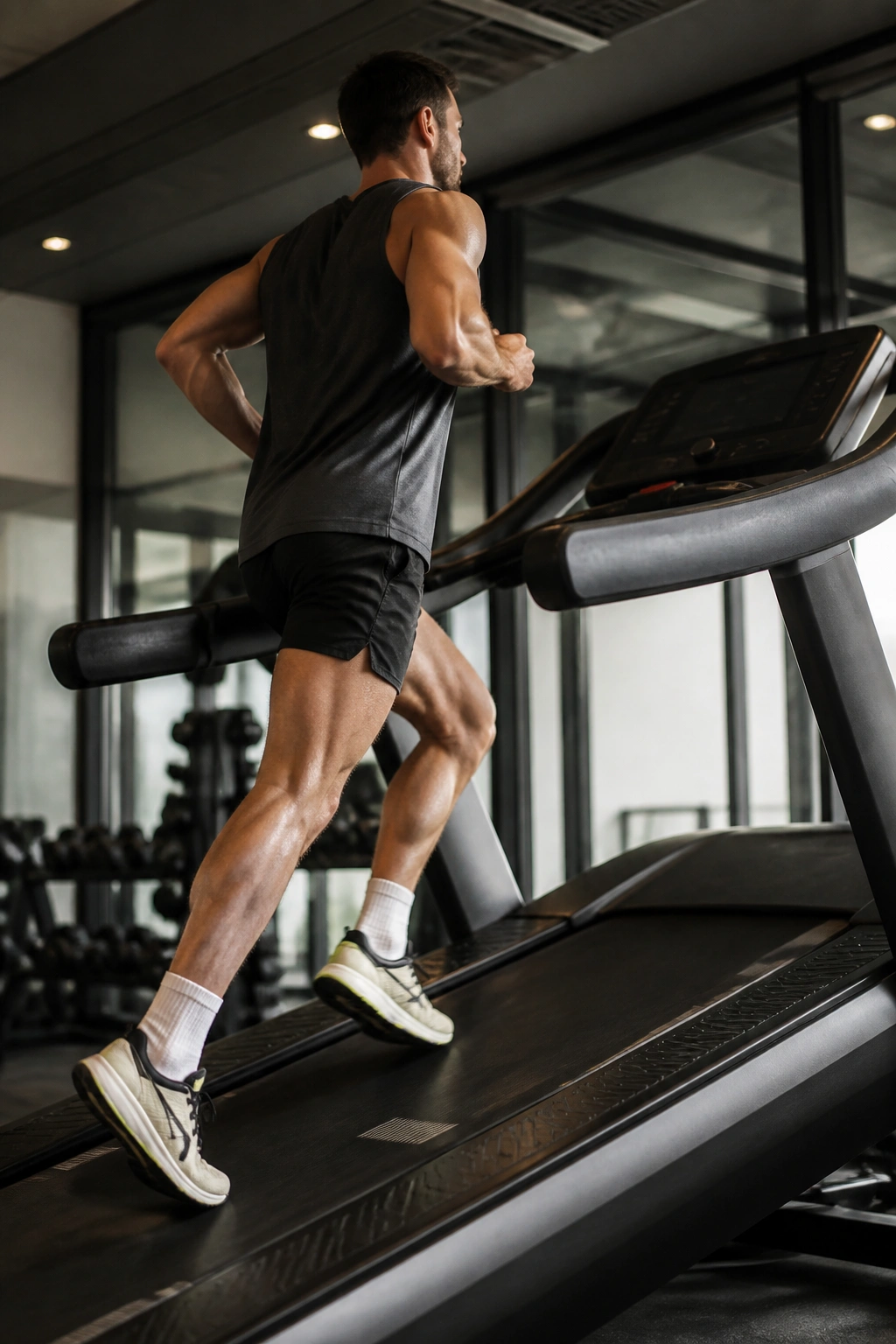 Runner on incline treadmill in gym during hill session