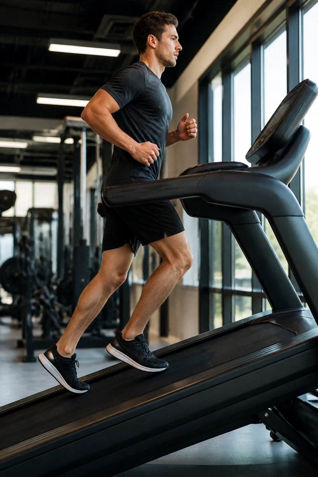 Runner on a treadmill at incline, maintaining posture