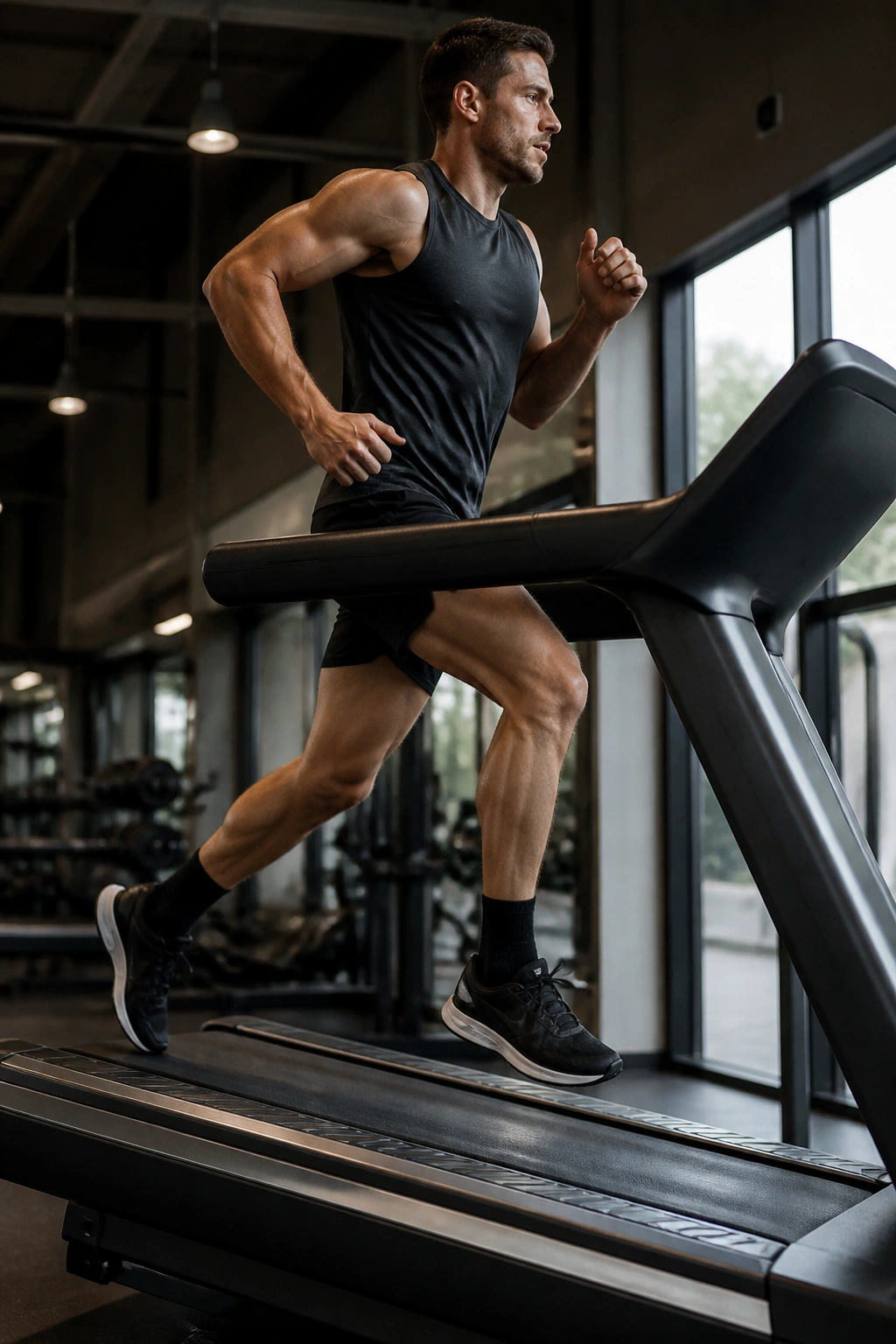 Runner on incline treadmill sprinting with focused posture in a gym
