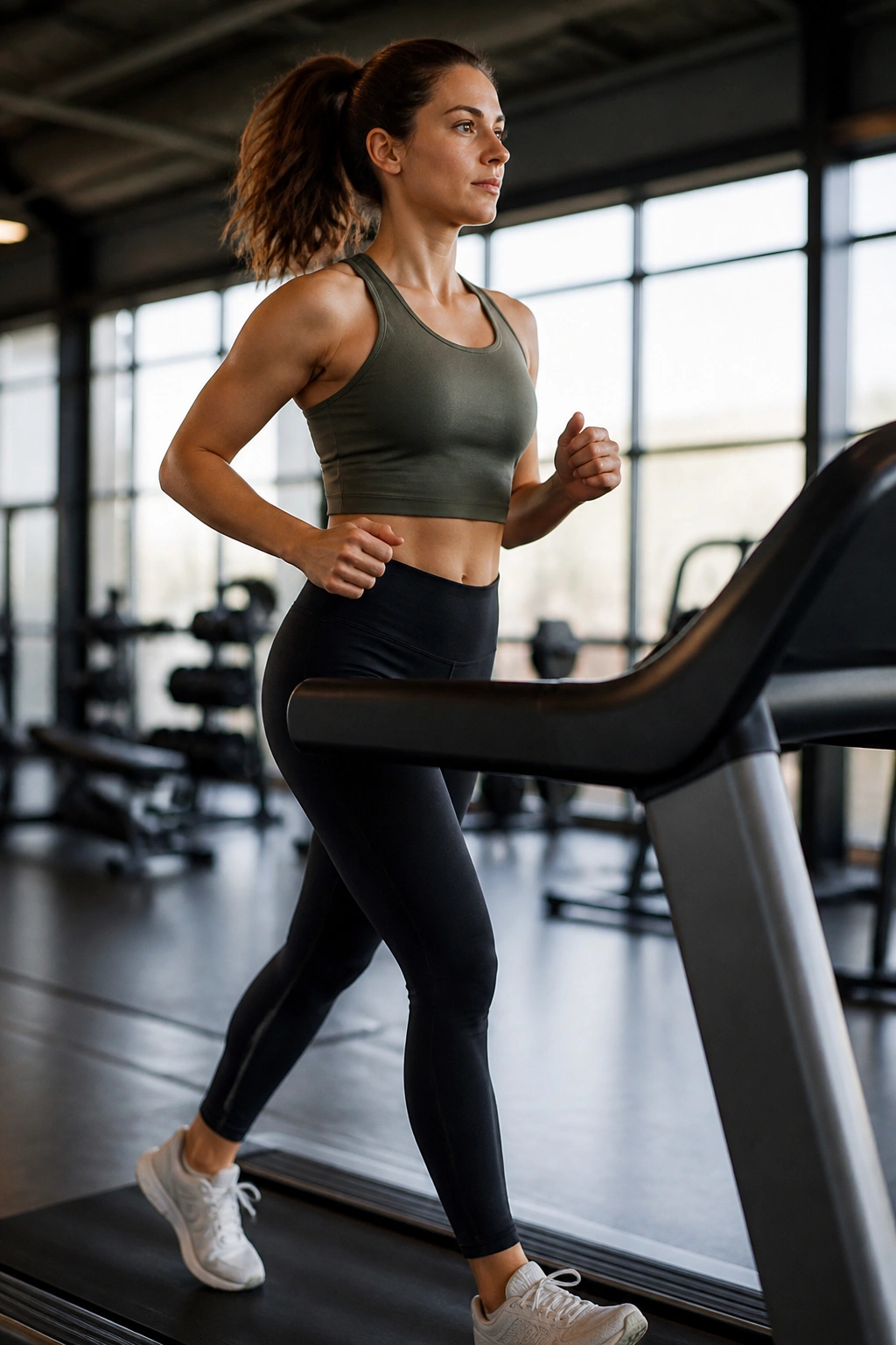 Person on treadmill performing incline walking variation during lunch break.