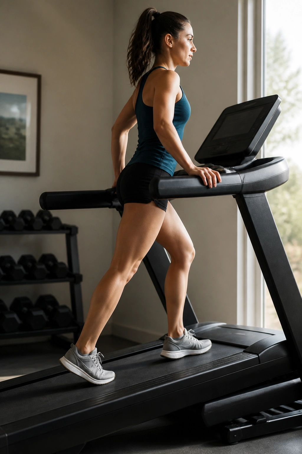 Person power walking on treadmill with incline changes in a home gym