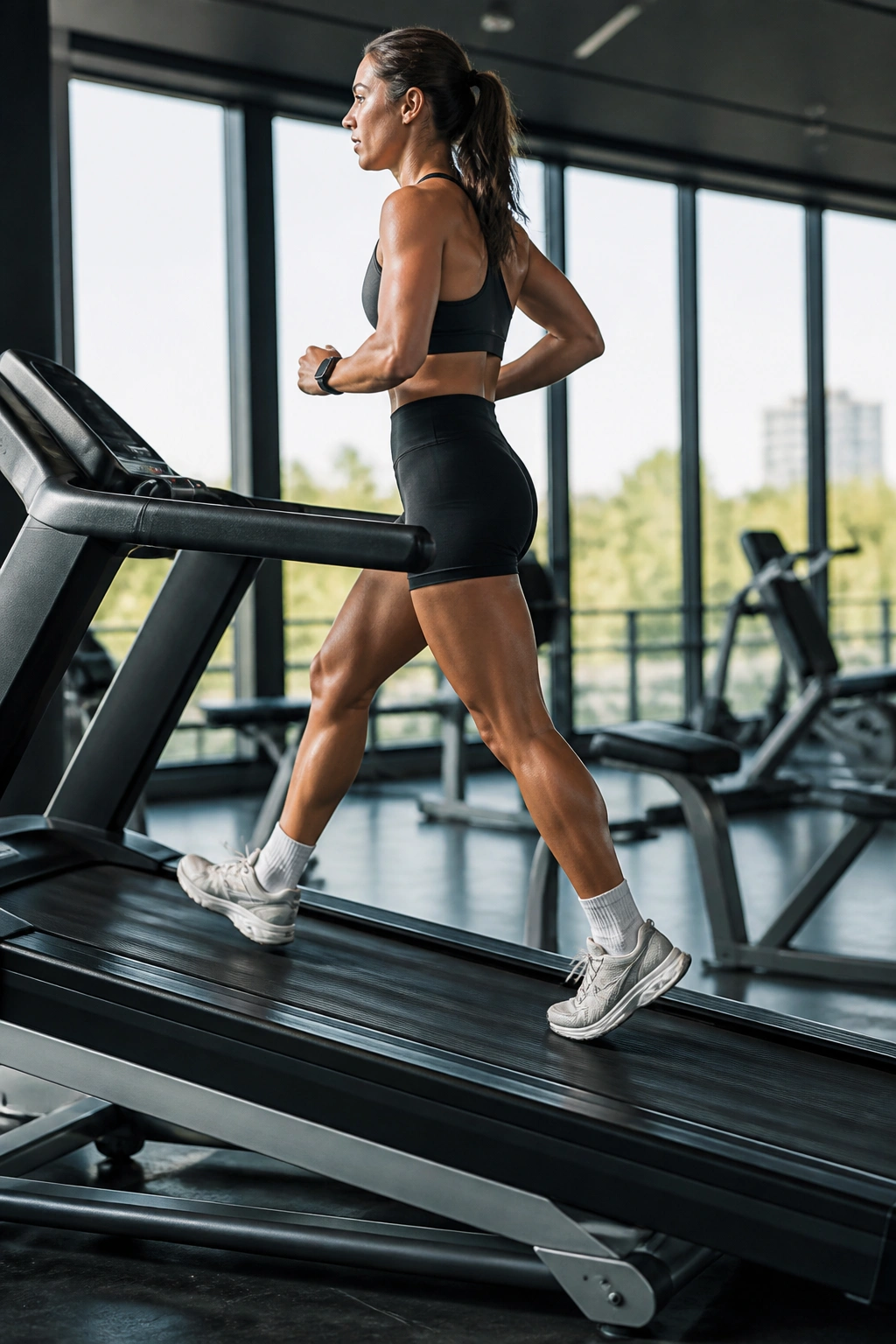Person walking and running on a steep incline treadmill in gym