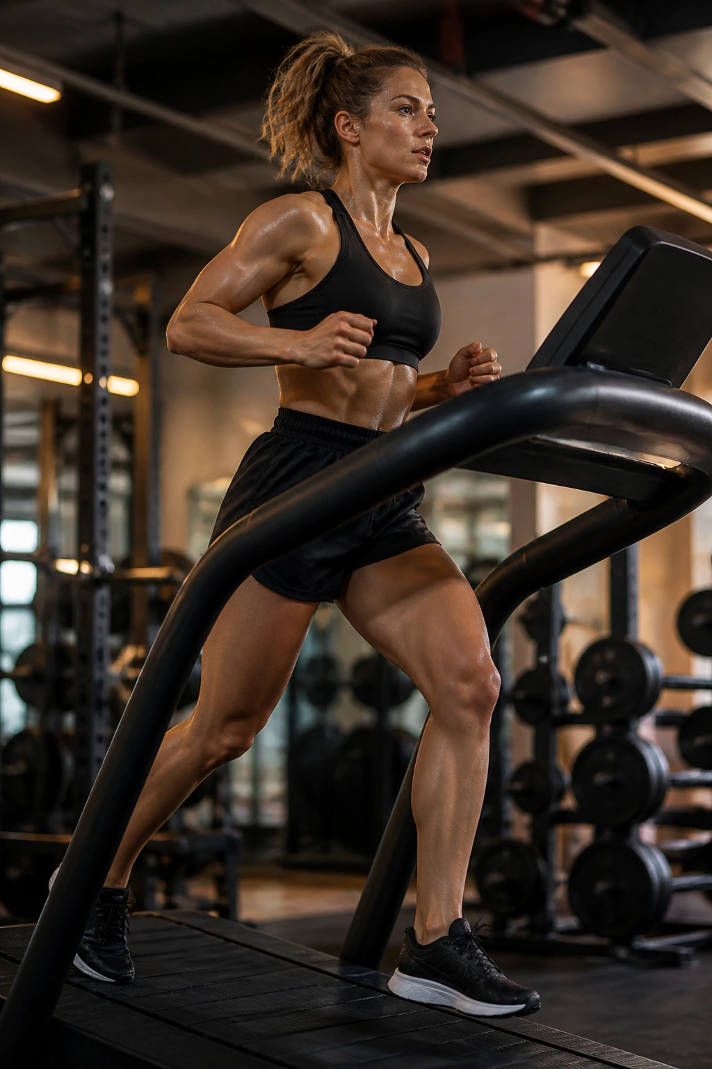 Woman on inclined treadmill in gym with weights in background
