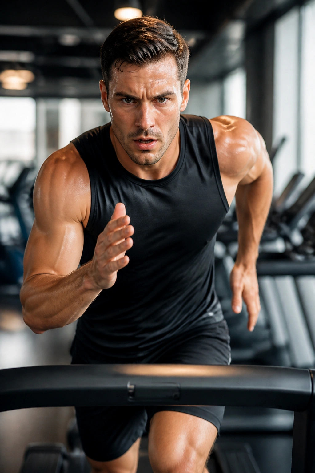 Close-up of a person performing treadmill intervals in a gym