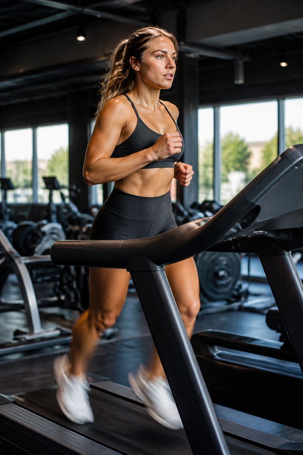 Mid-shot of a fit person running on a treadmill during interval workout in a gym