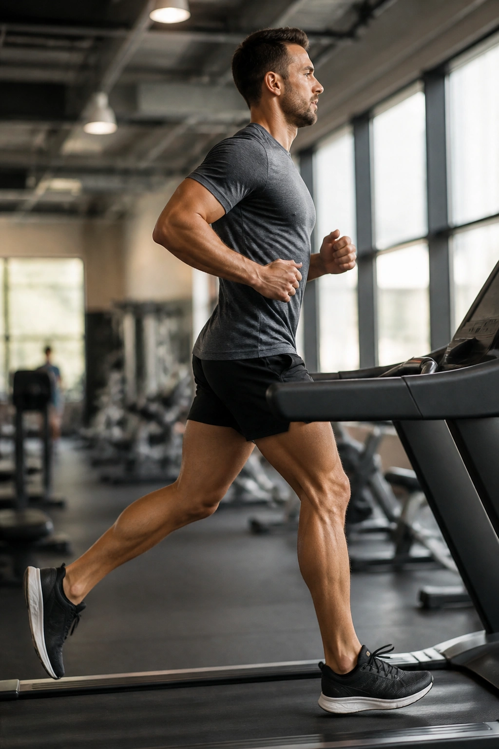 Person running on a treadmill in a gym, side profile during a fast segment