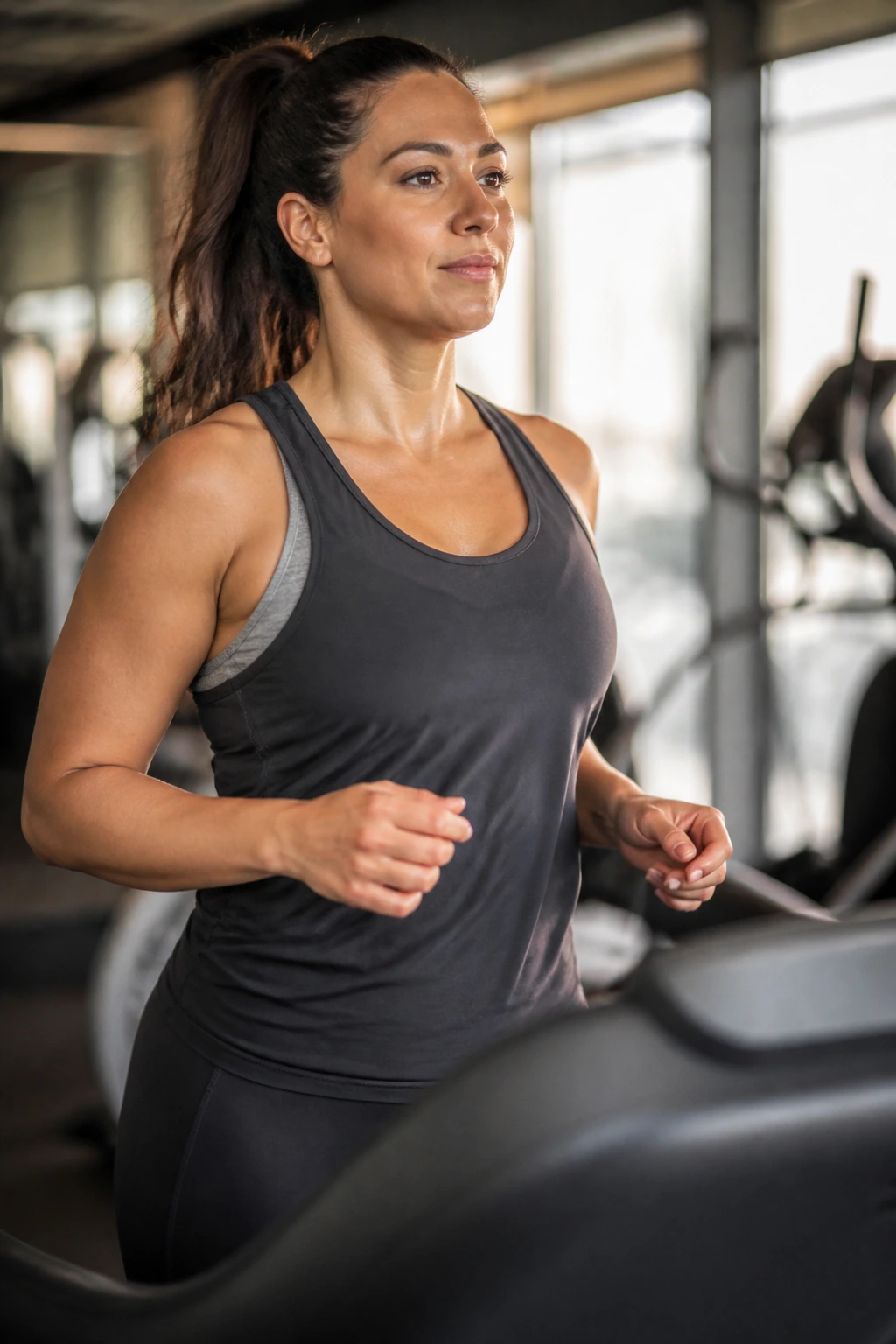 Person walking on a treadmill at a conversational pace in a gym.