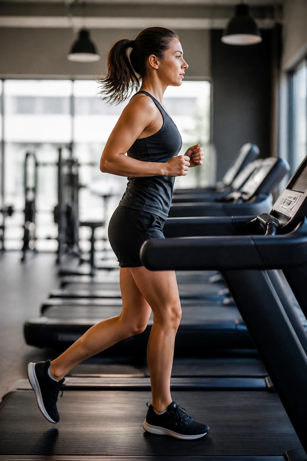 Person performing walk-jog intervals on a treadmill in a gym.