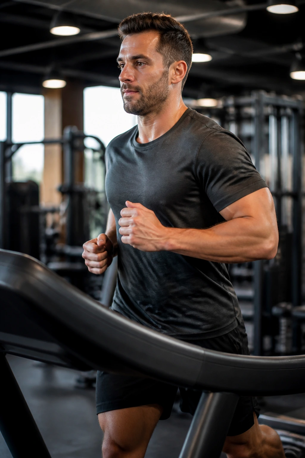 Runner on treadmill performing speed and incline workout in gym
