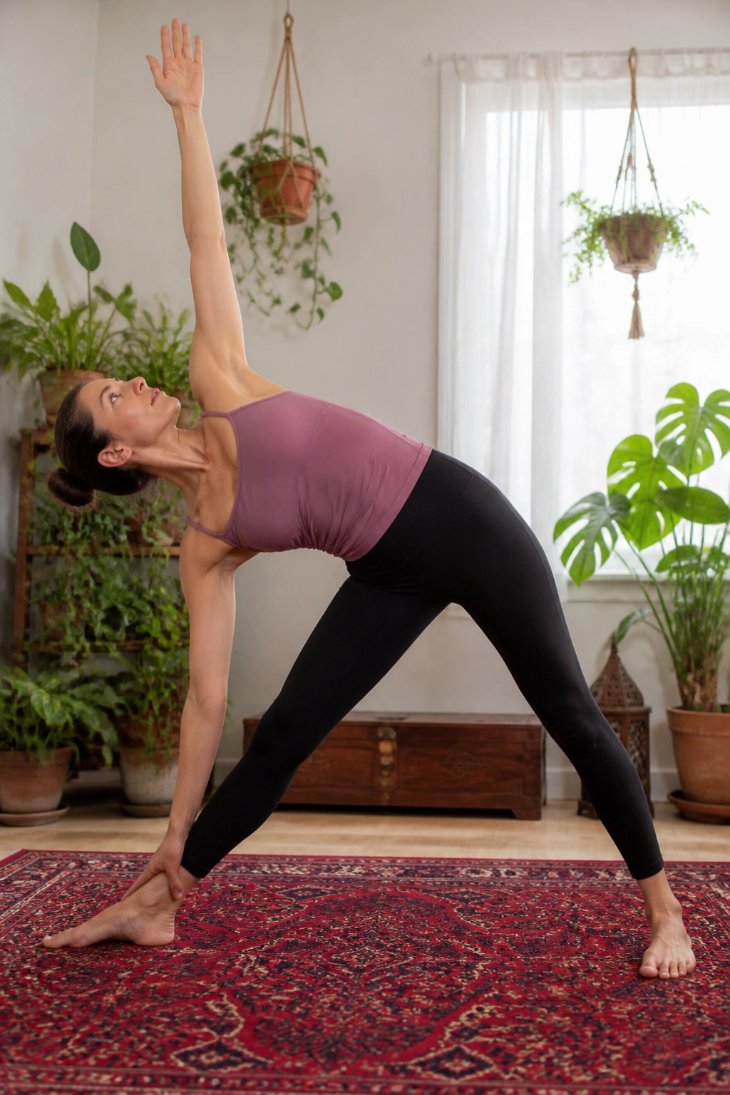 Person in Triangle Pose at home, torso long, front knee over ankle