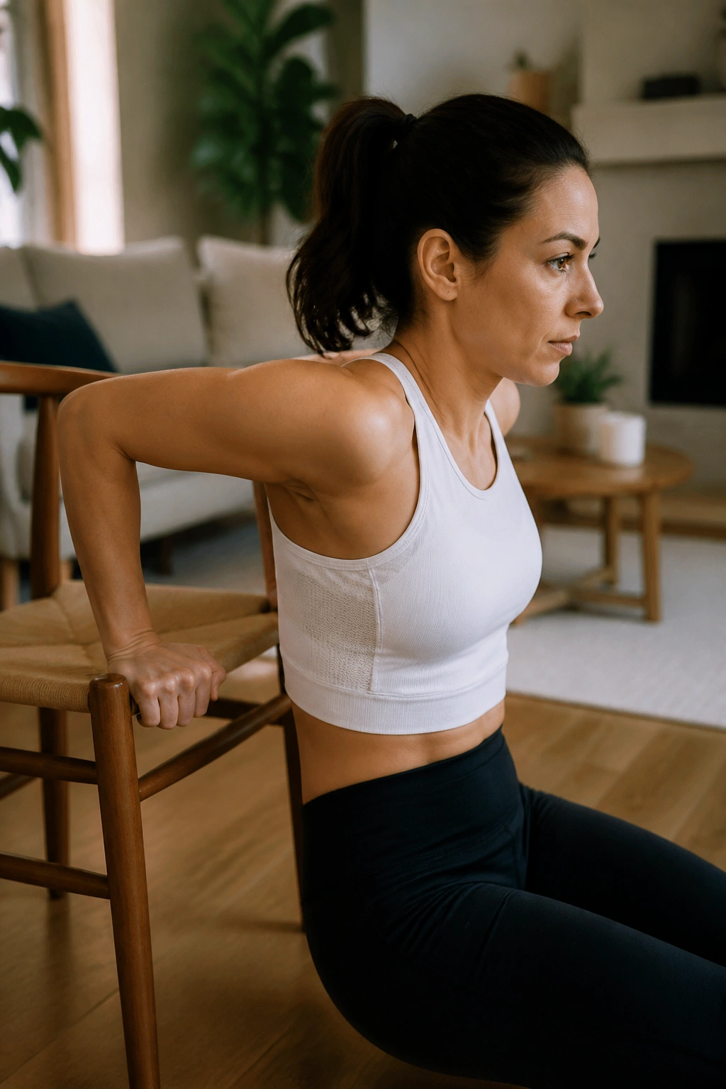 Close-up of a person holding a tricep dip at the bottom on a chair