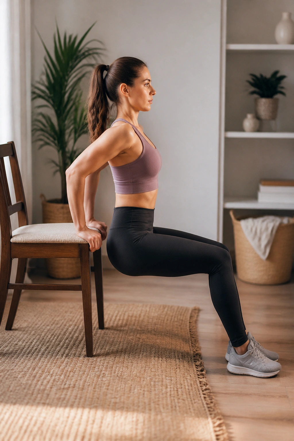 Side profile performing tricep dips on a chair