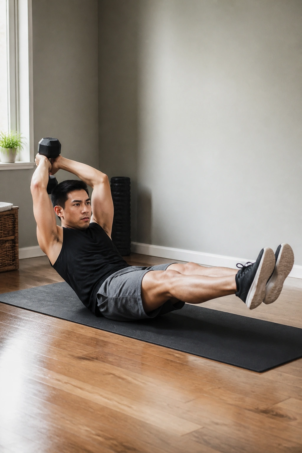 Person on mat performing overhead triceps extension with hollow hold posture