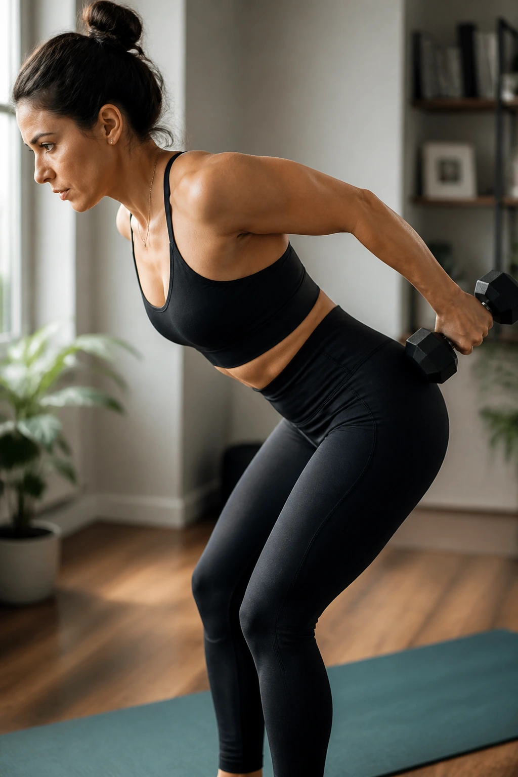 Close-up of a real woman performing a triceps kickback in a home gym
