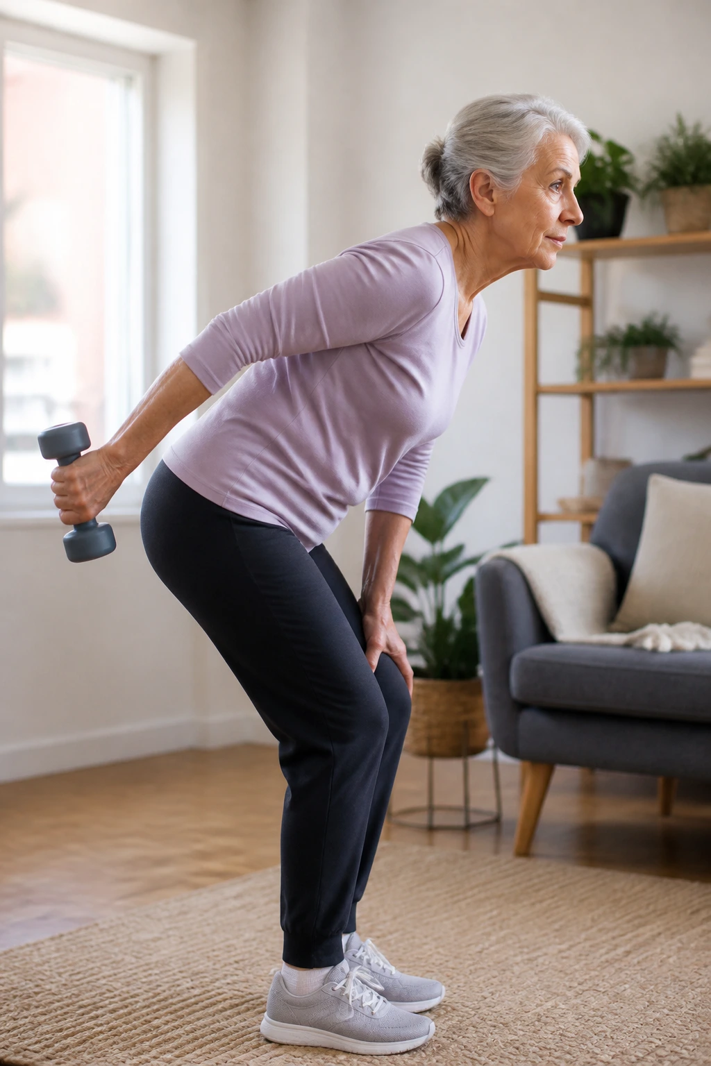 Senior performing a triceps kickback with dumbbell in a living room.