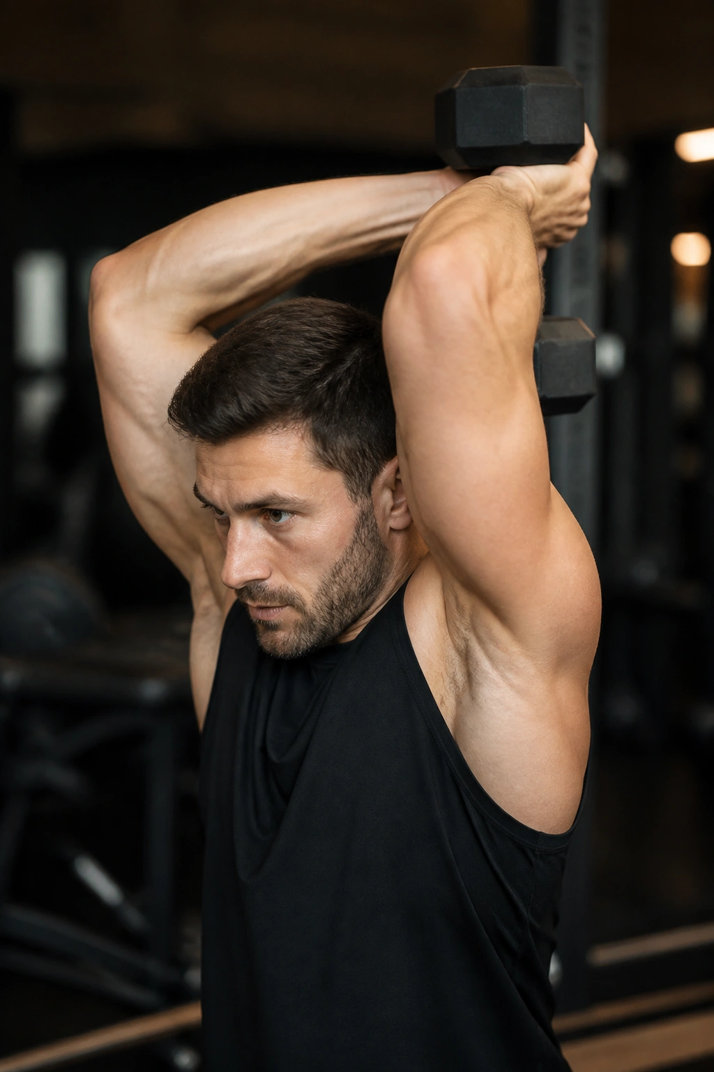 Close-up of a real person performing overhead triceps extension highlighting the long head stretch