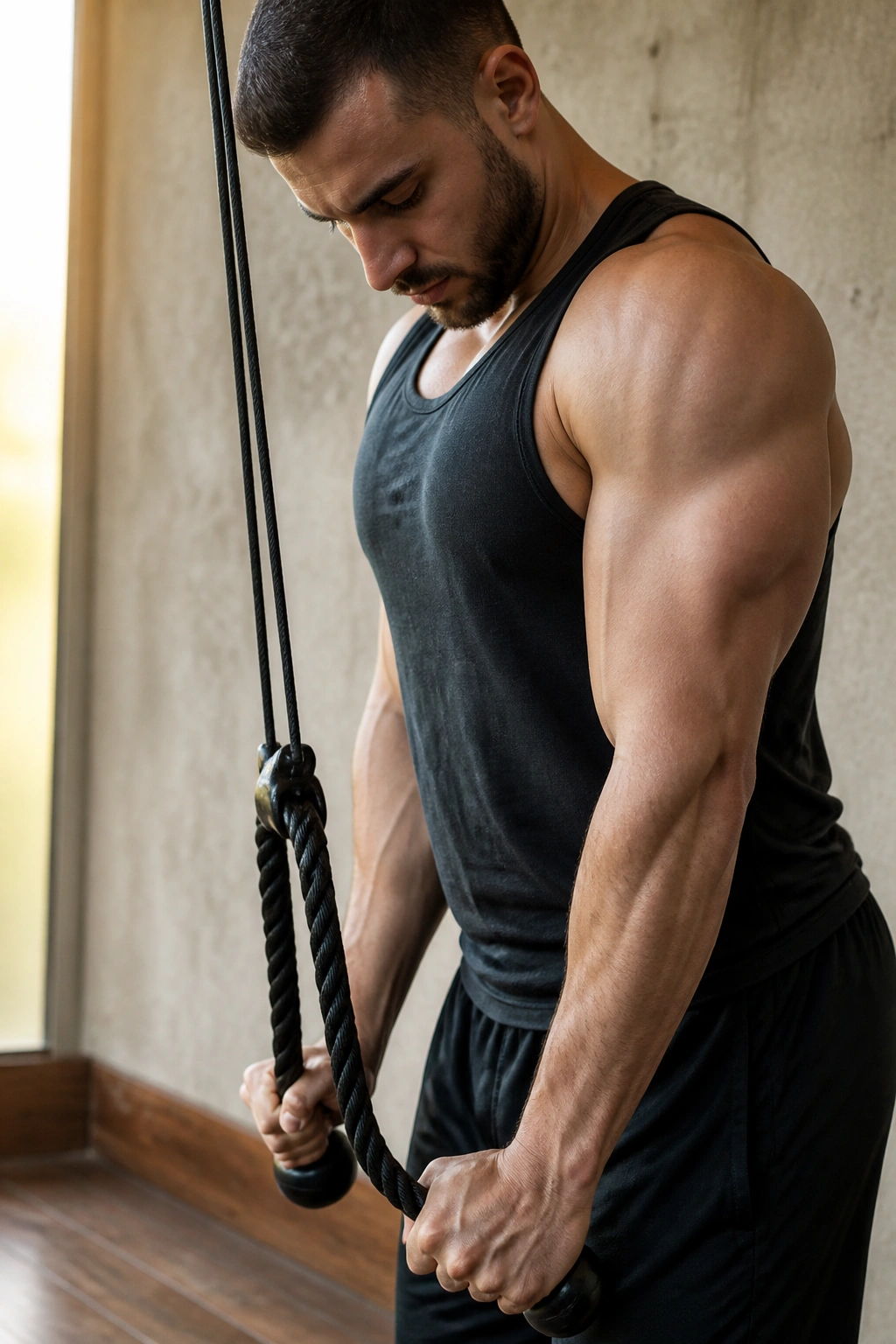 Close-up of a real person performing a banded triceps pressdown with elbows tucked
