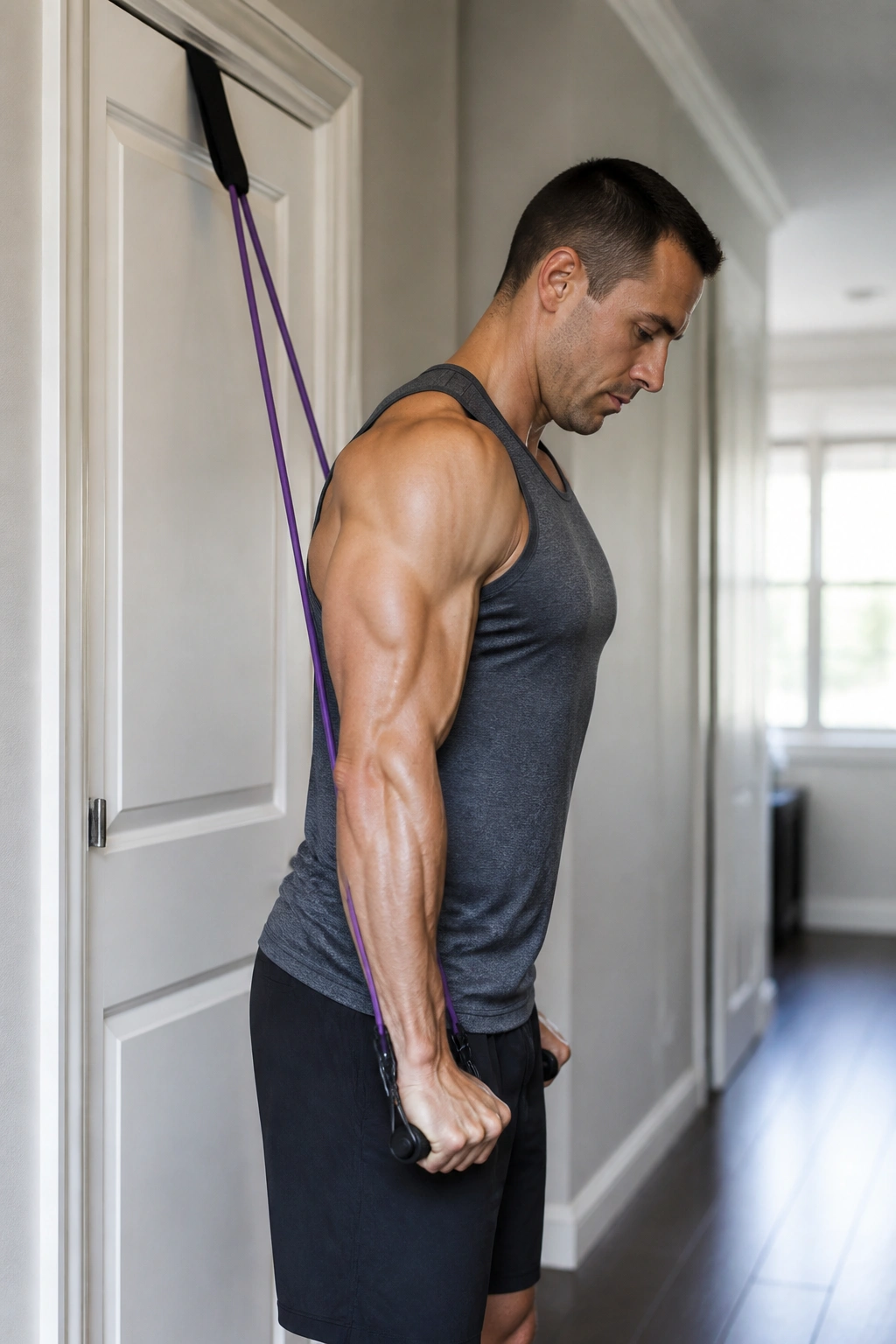 Close-up of triceps pressdown with door anchor using resistance band.