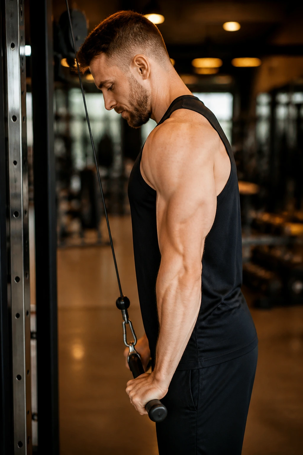 Arms extended in a triceps pressdown hold, elbows pinned, triceps engaged.