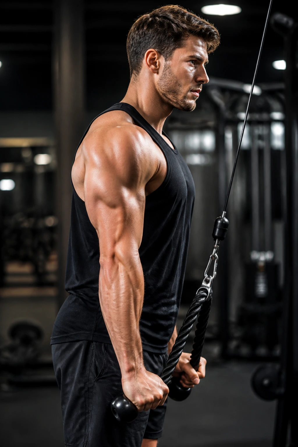Mid-shot of triceps pushdown with rope at cable station.