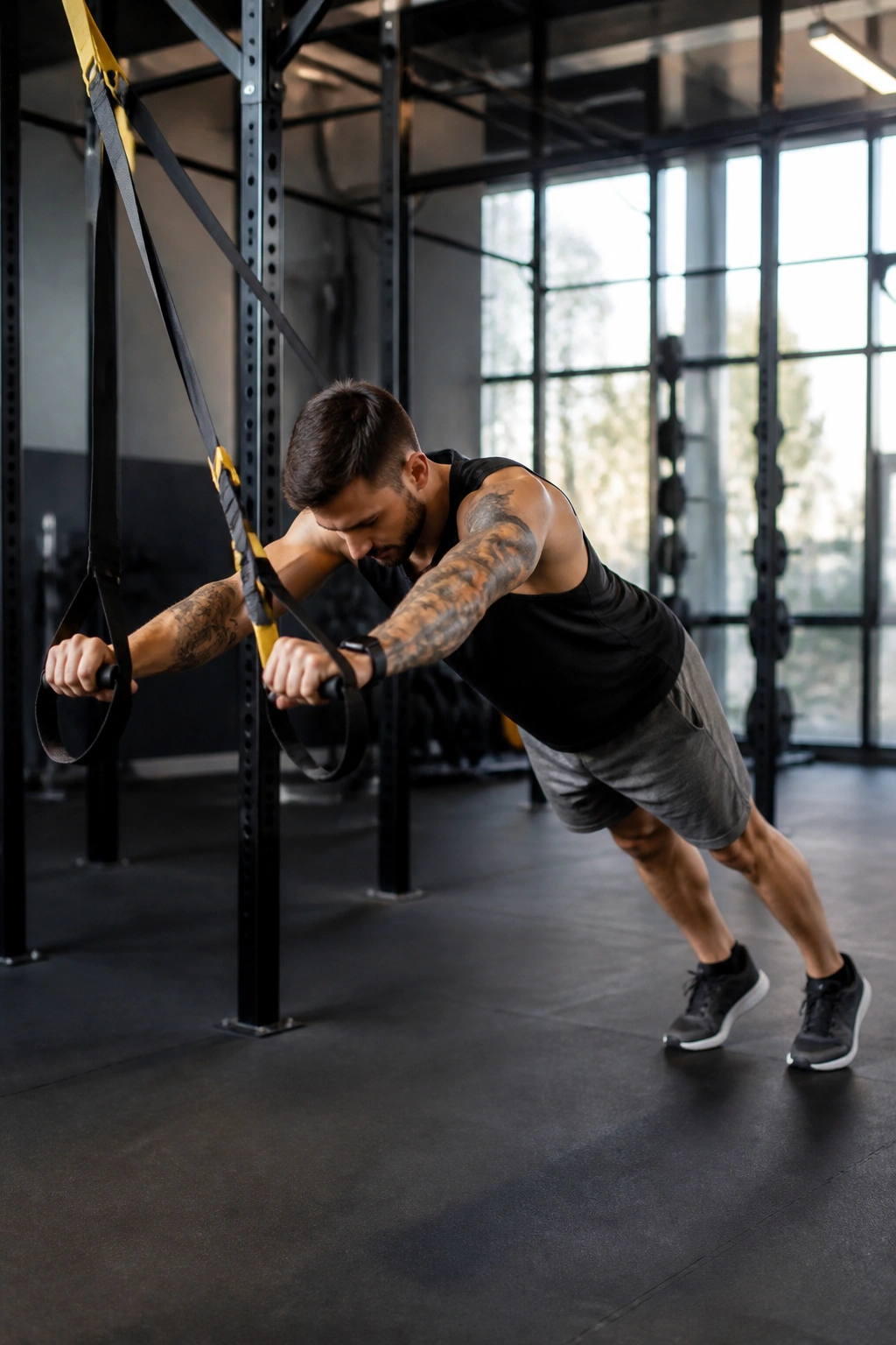 Person performing a TRX fallout exercise with anti-extension emphasis