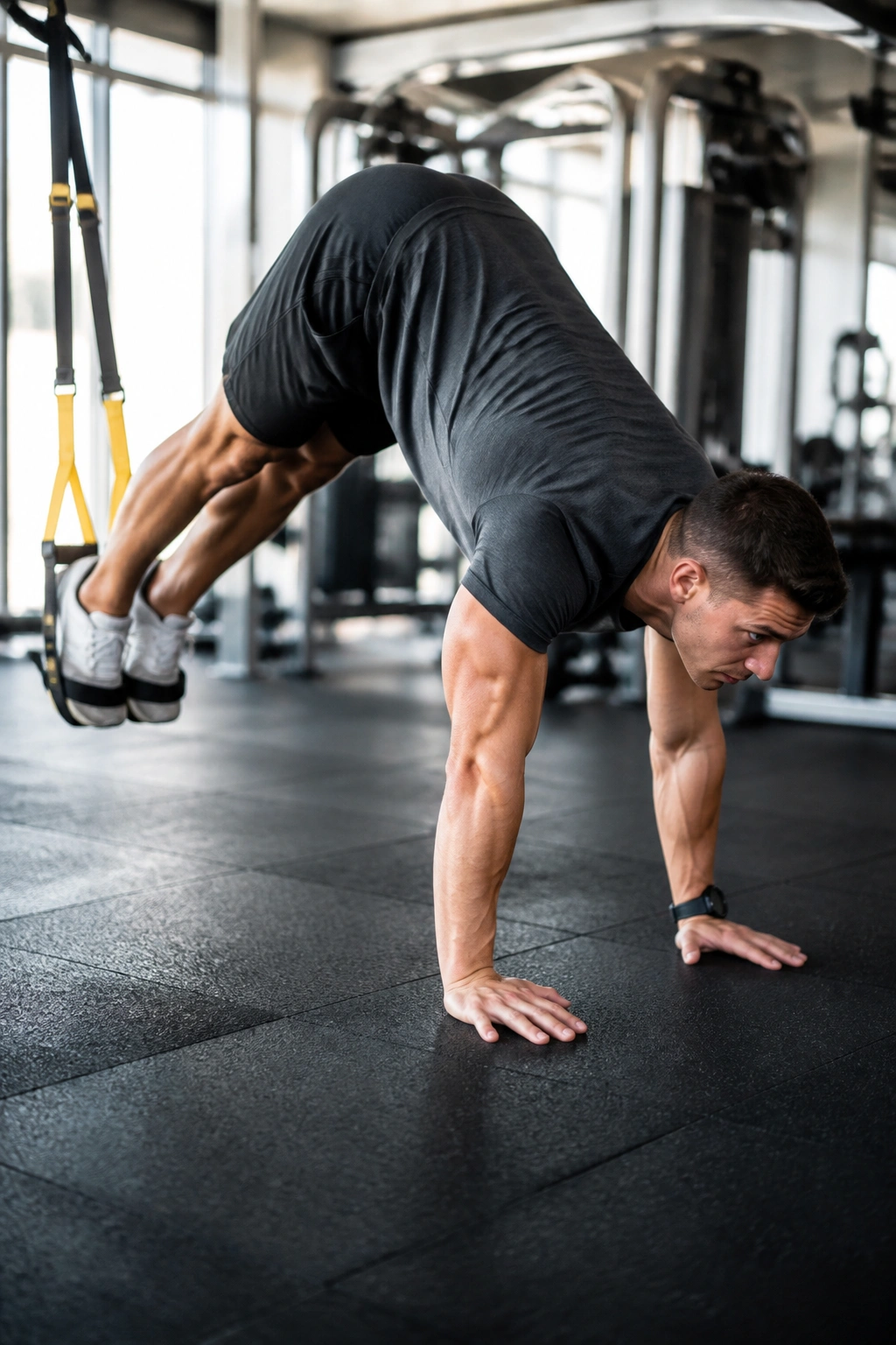 Portrait of a person performing a TRX pike with hips raised and core braced