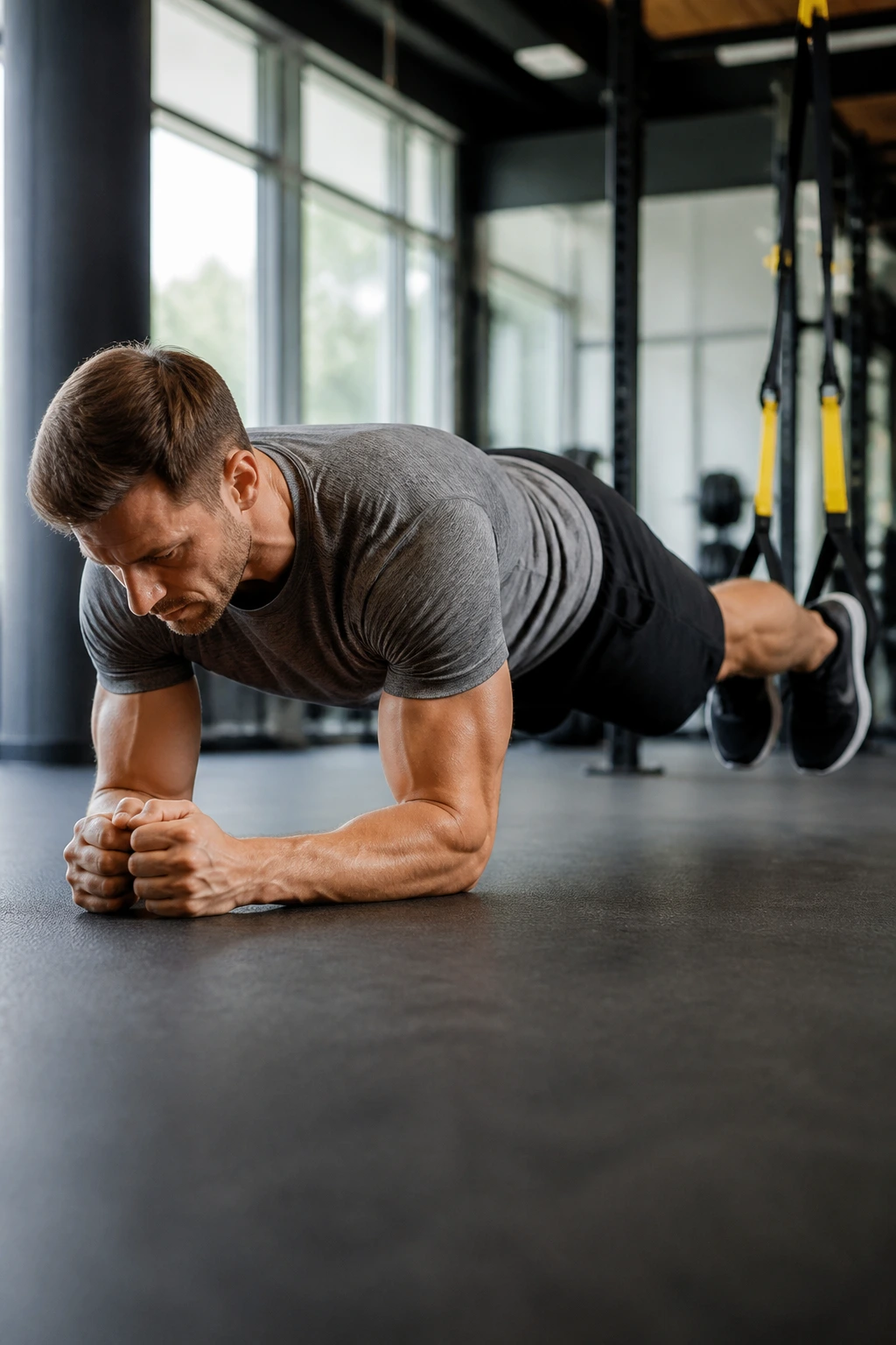 Close-up of a person performing a TRX plank with feet in suspension straps in a gym