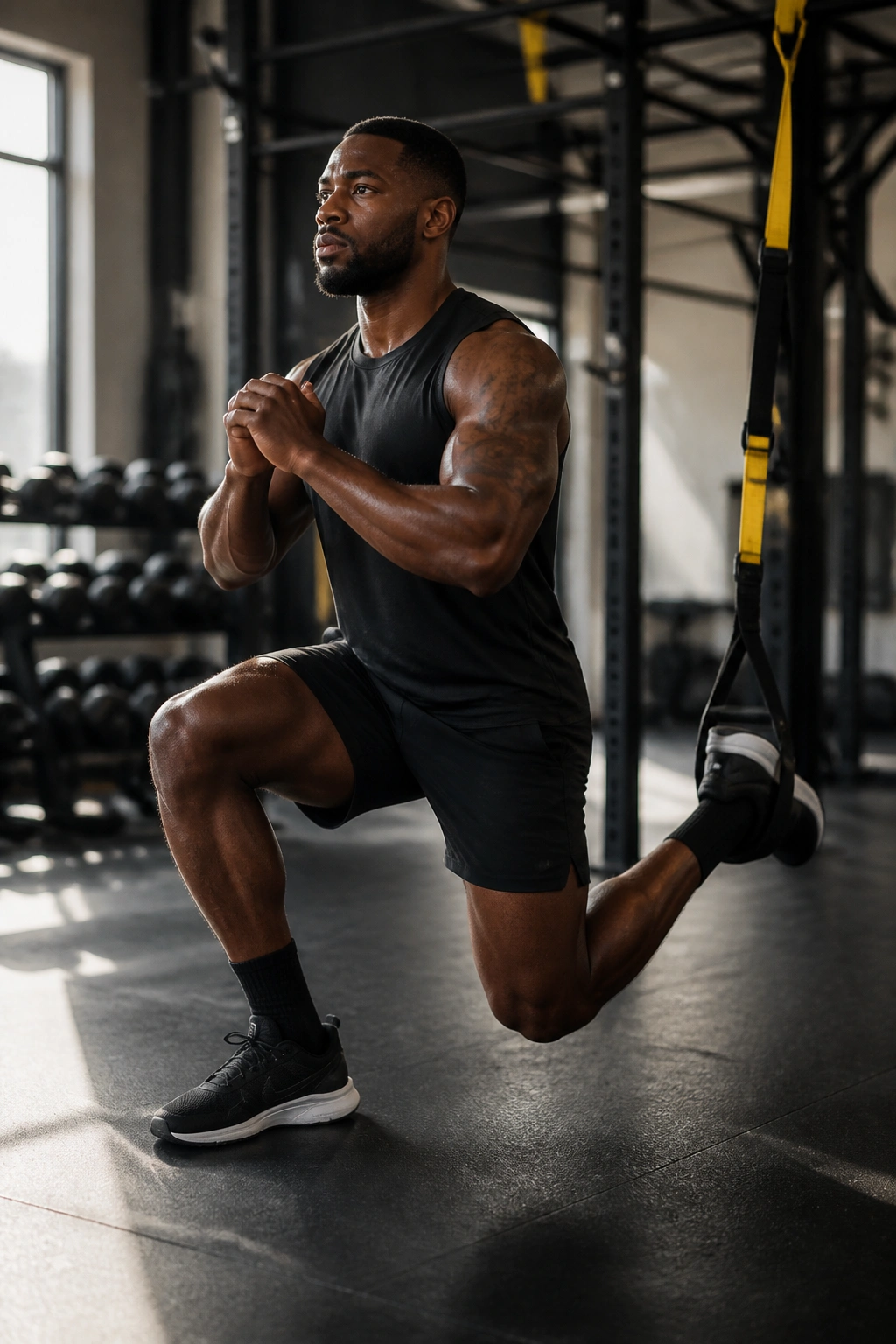 Athlete performing TRX suspension reverse lunge with back foot in TRX strap in gym