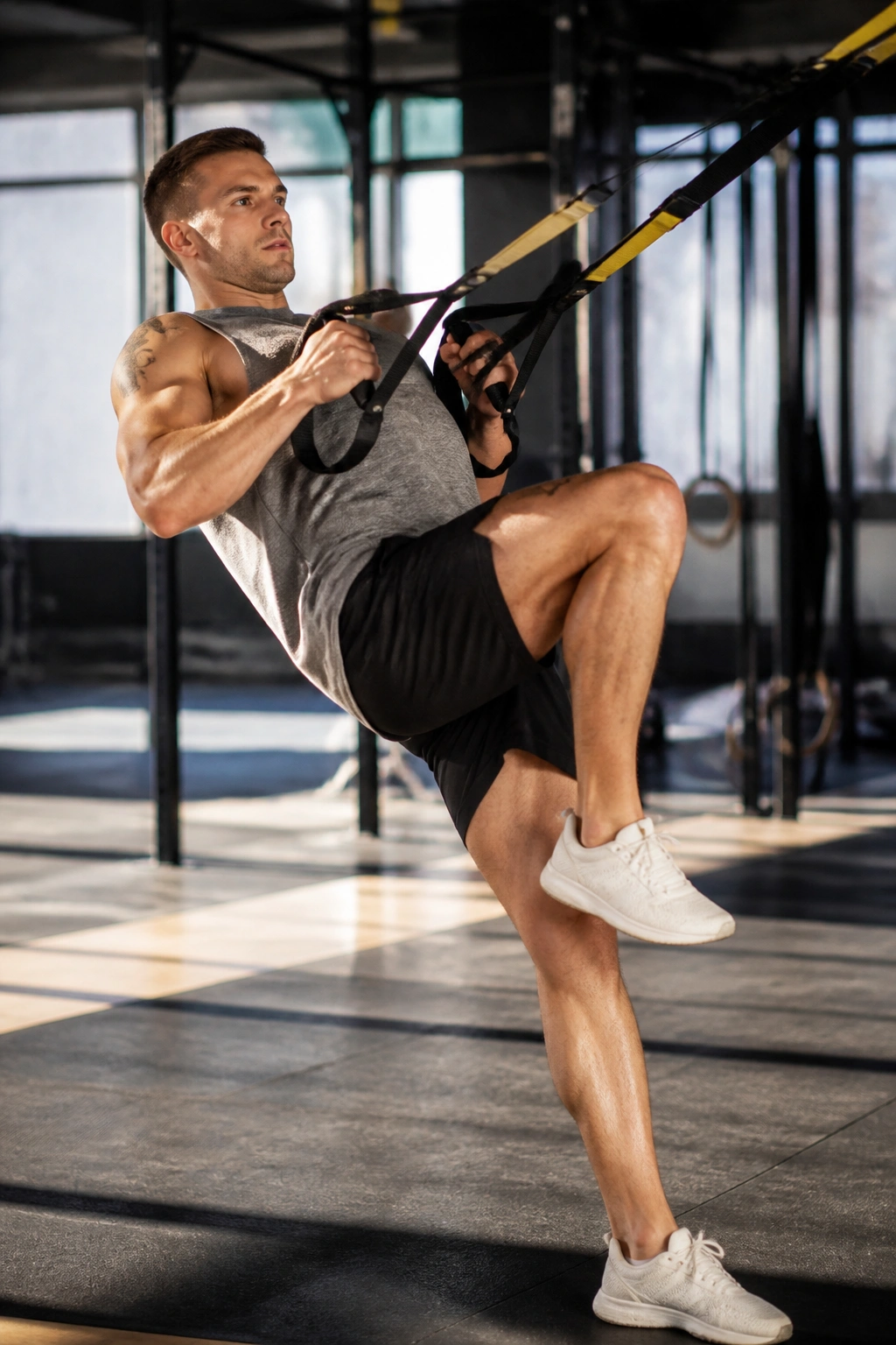 Person doing TRX row to knee drive in a gym