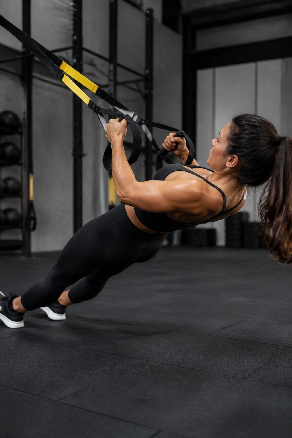 Person performing TRX row with braced core and plank saw variation in a gym