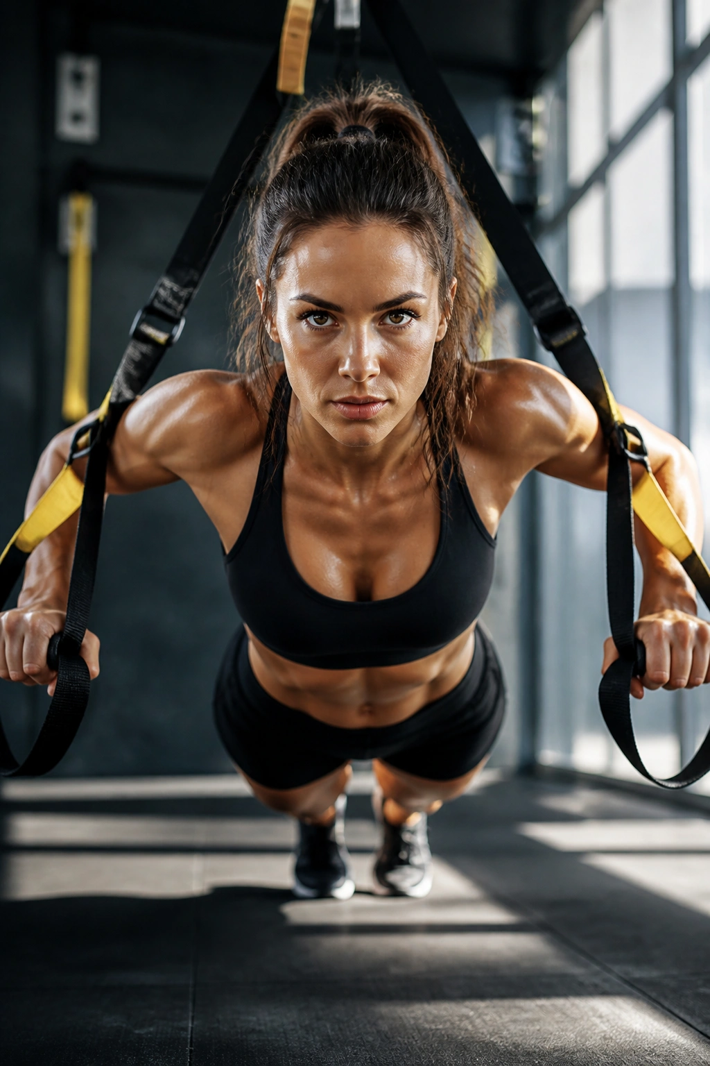 Close-up of a fit person performing TRX stability drill in gym