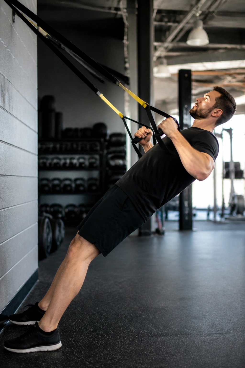 Person performing TRX row in a gym using suspension straps