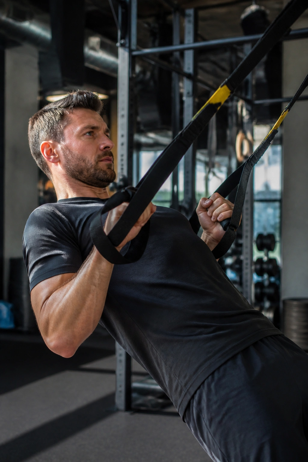 Athlete performing TRX suspension training rows with intense form