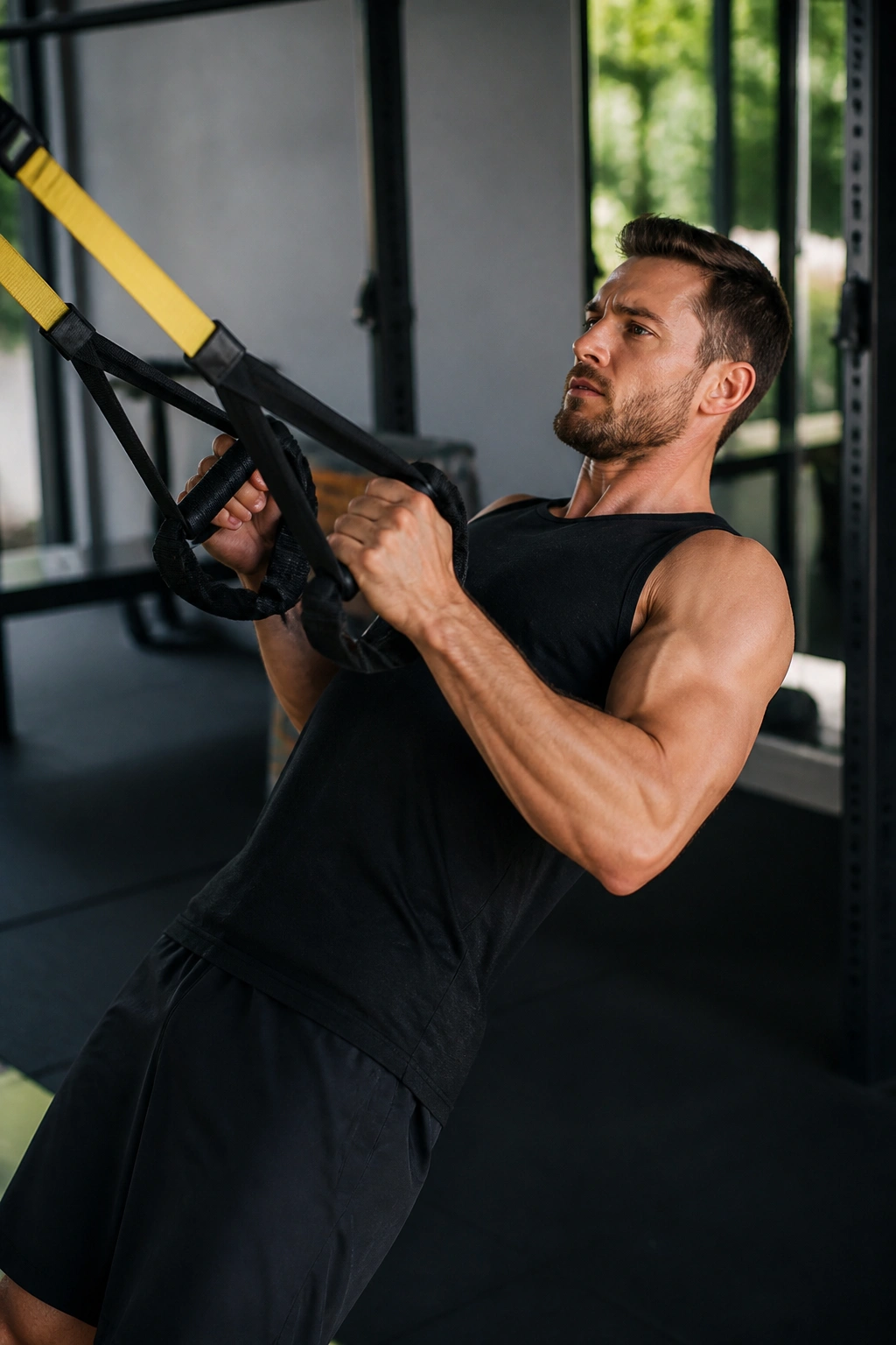 Person performing TRX suspension row in a gym with straps visible.