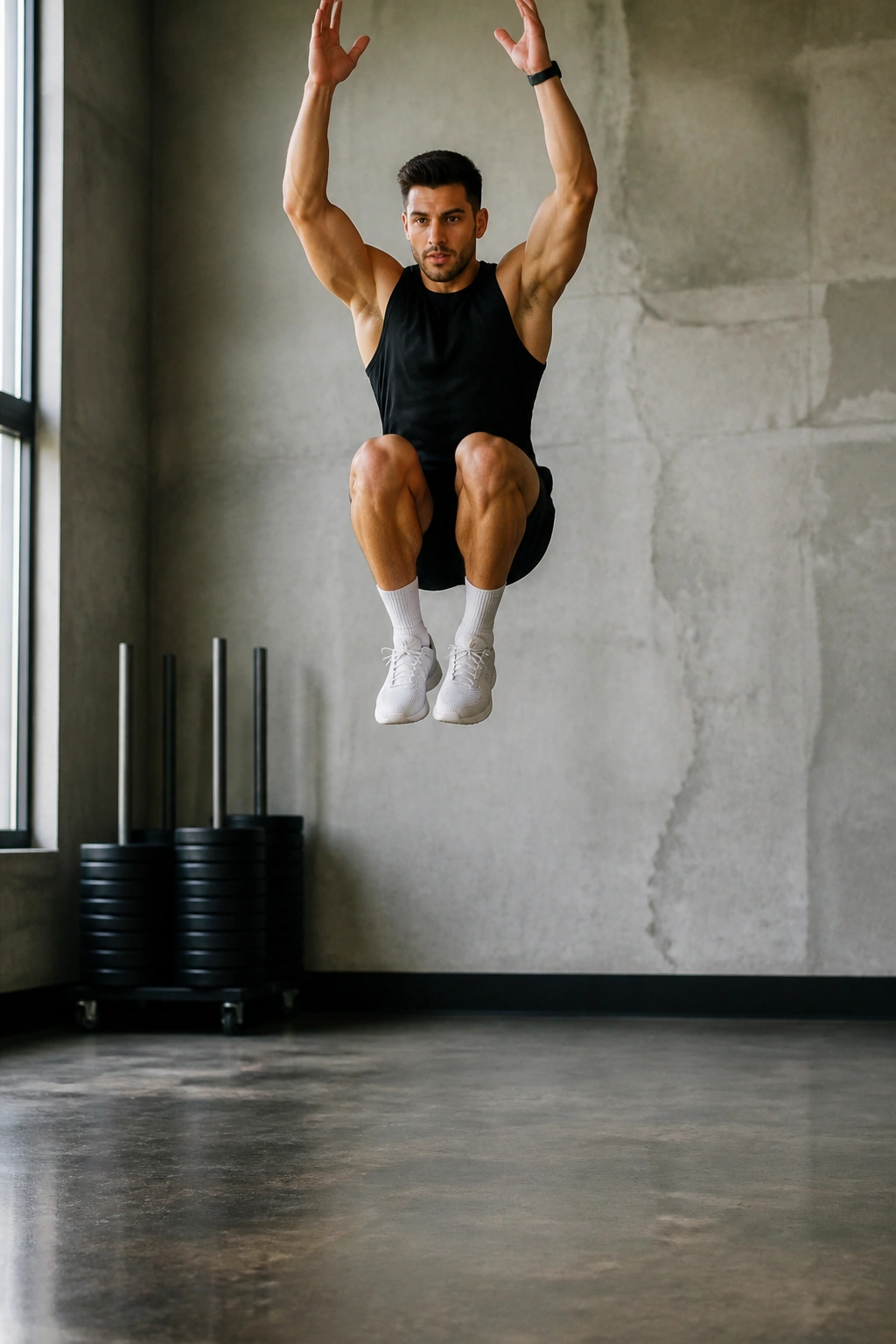 Athlete executing tuck jumps with knees to chest in gym