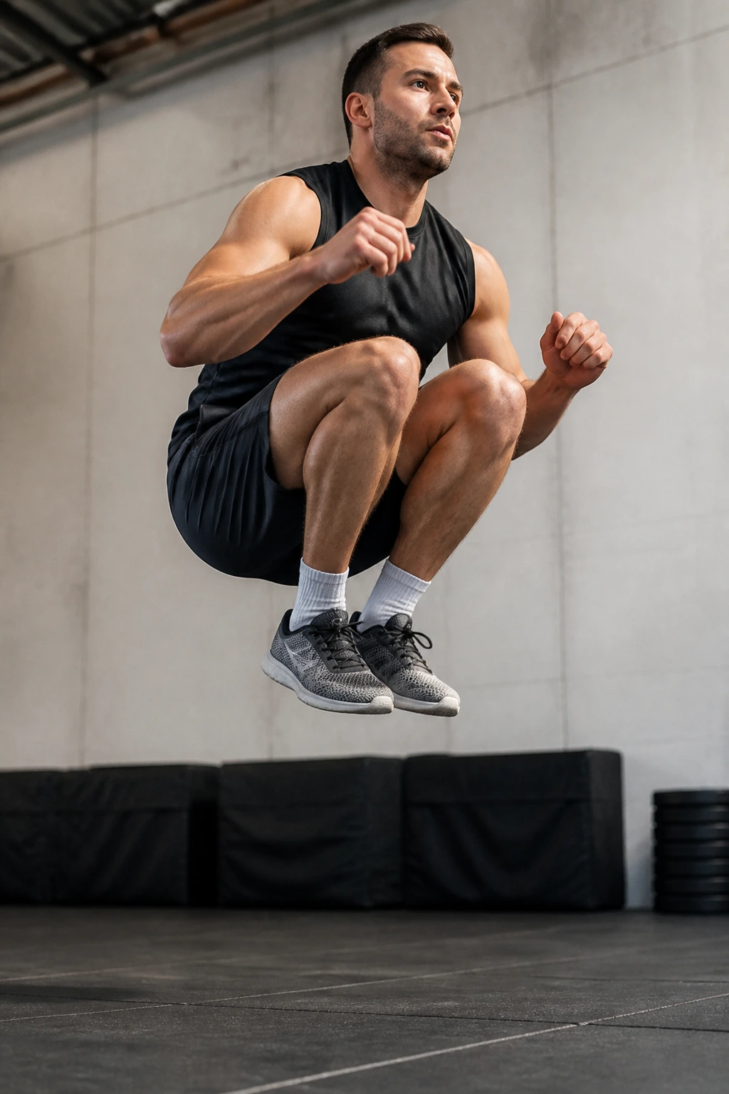 Athlete performing a tuck jump mid-air in a gym