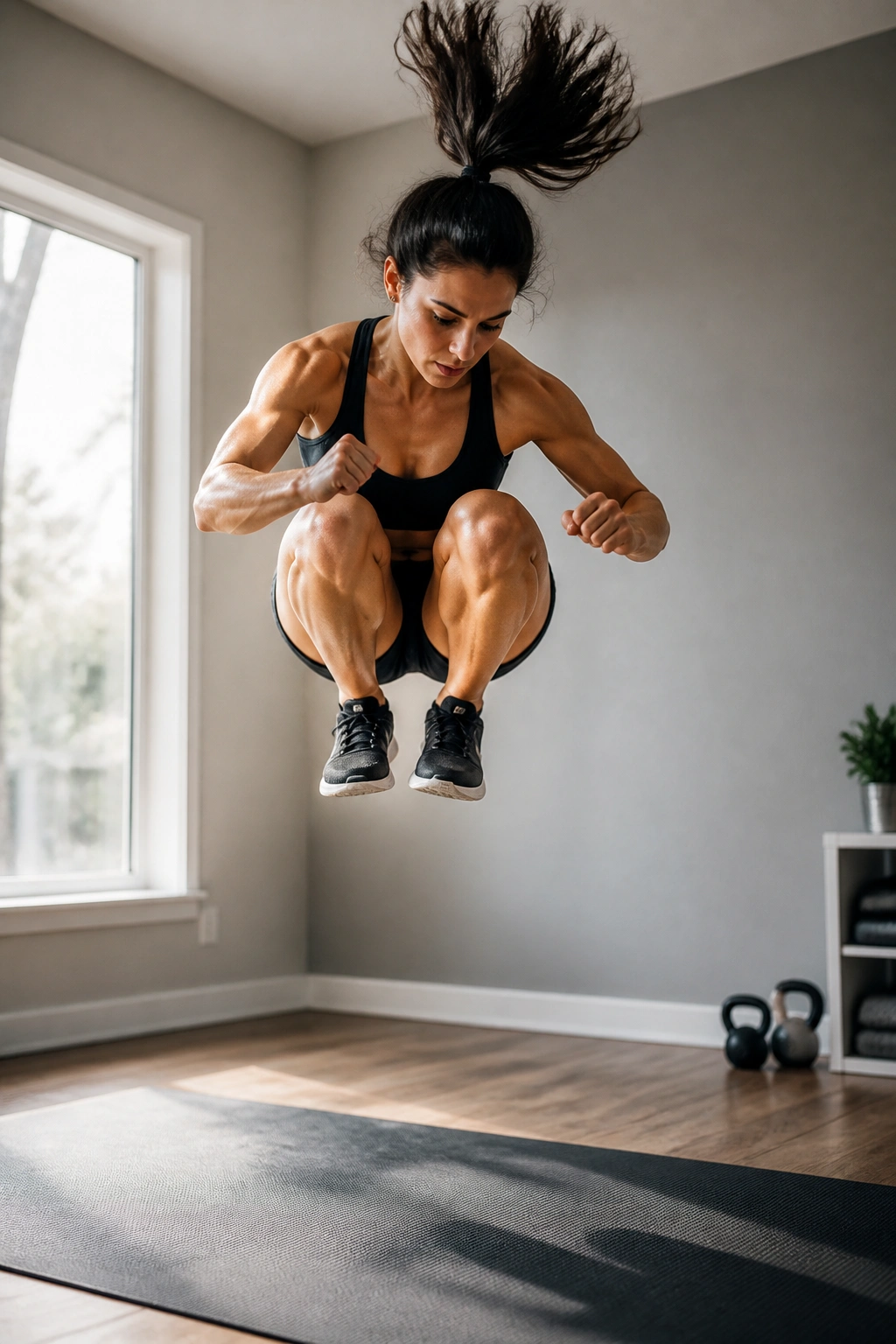 Person mid-air performing a tuck jump in a home gym