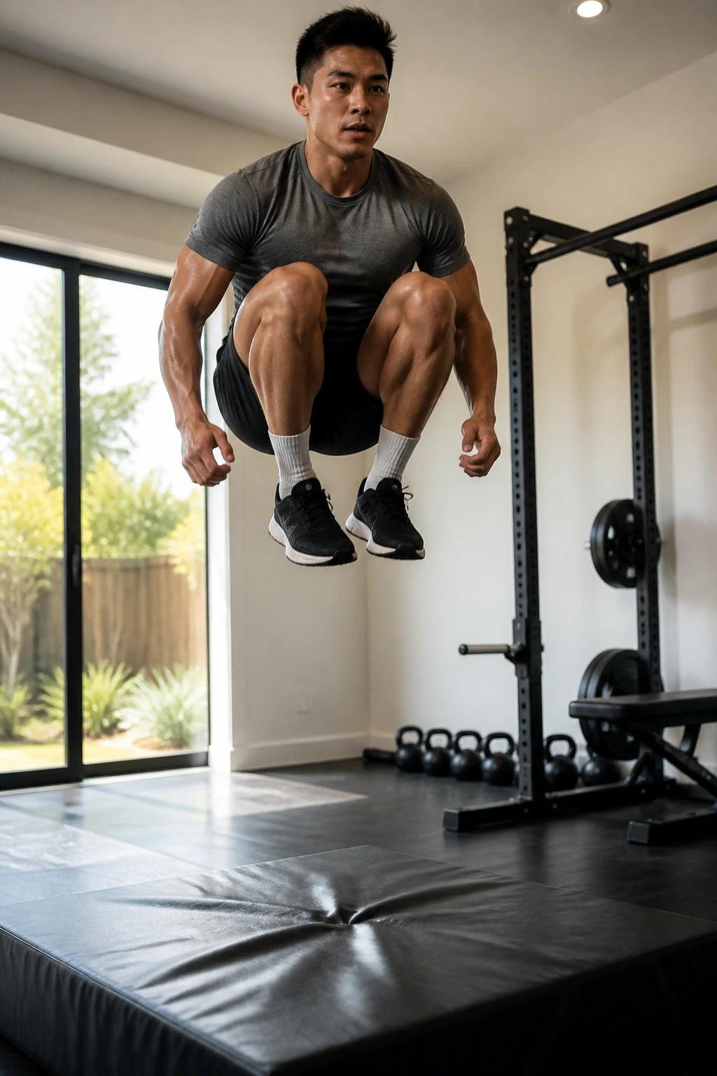 Athlete performing tuck jump on a mat.
