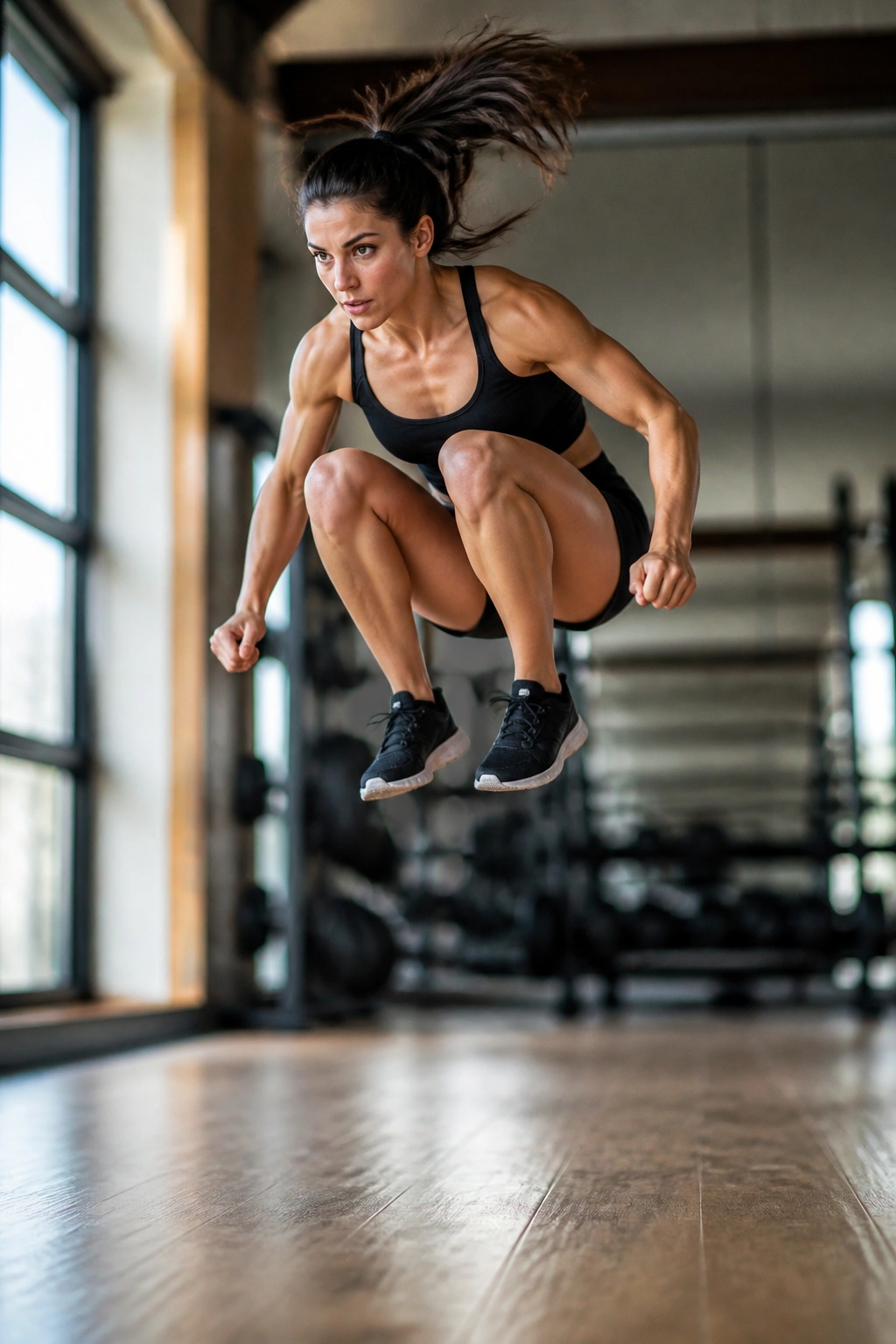 Athlete performing a tuck jump in a gym with knees to chest mid-air