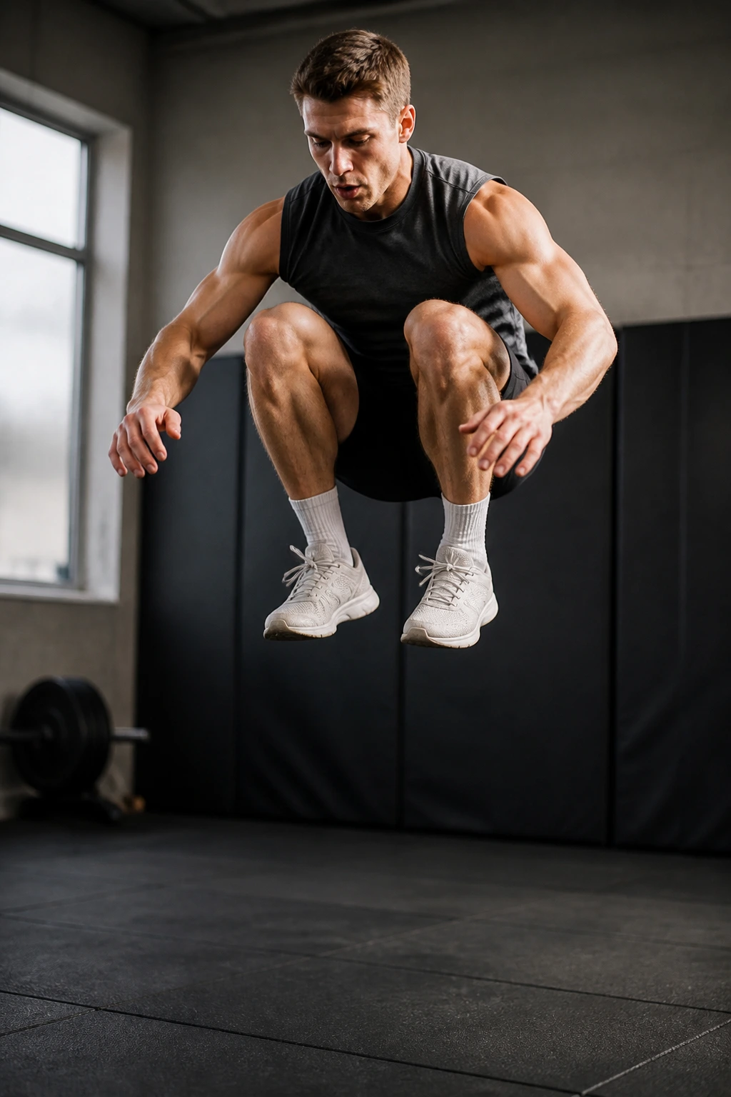 Close-up action shot of a real athlete performing tuck jumps in a gym.
