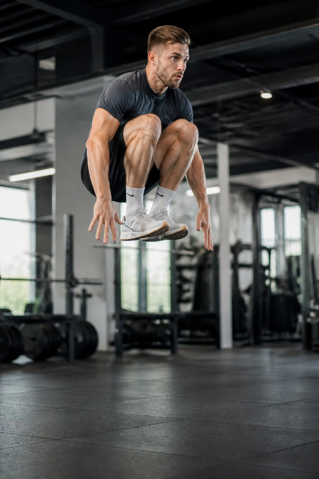 Athlete performing a tuck jump with knees to chest