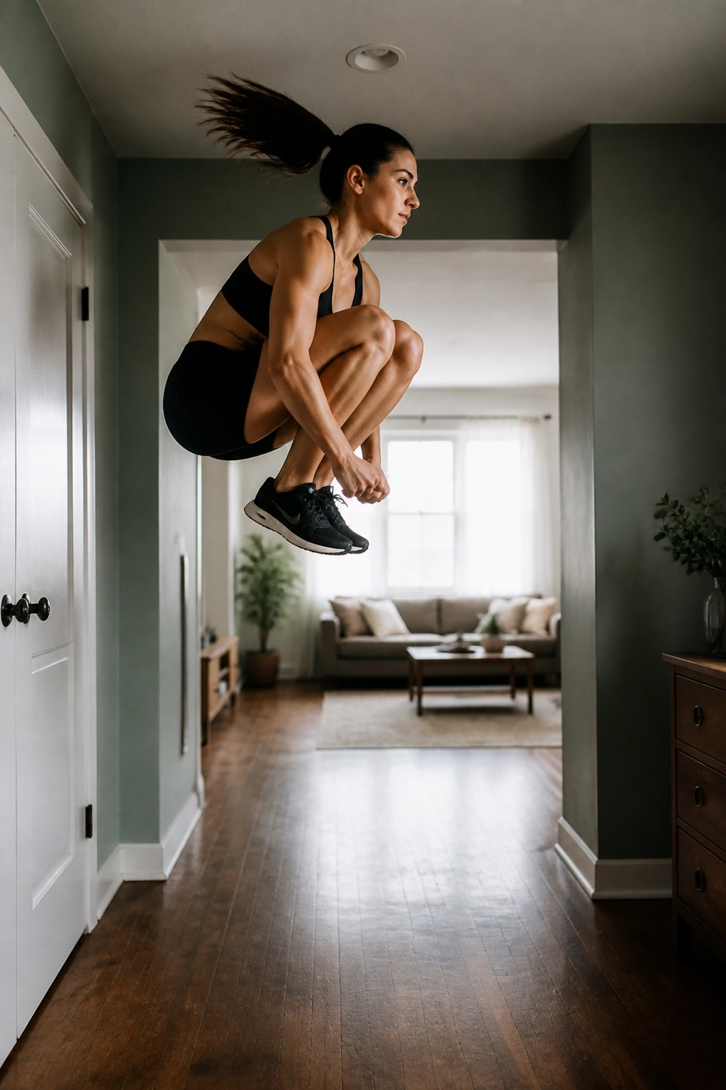 Person performing tuck jump in a small room mid-air