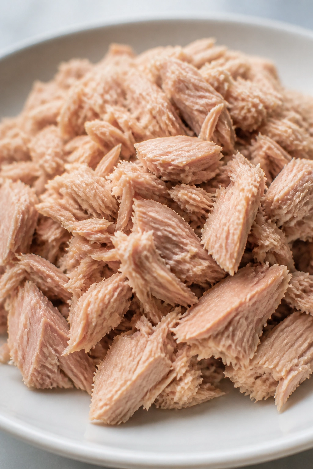 Close-up of canned tuna mound on a white plate in a clean kitchen
