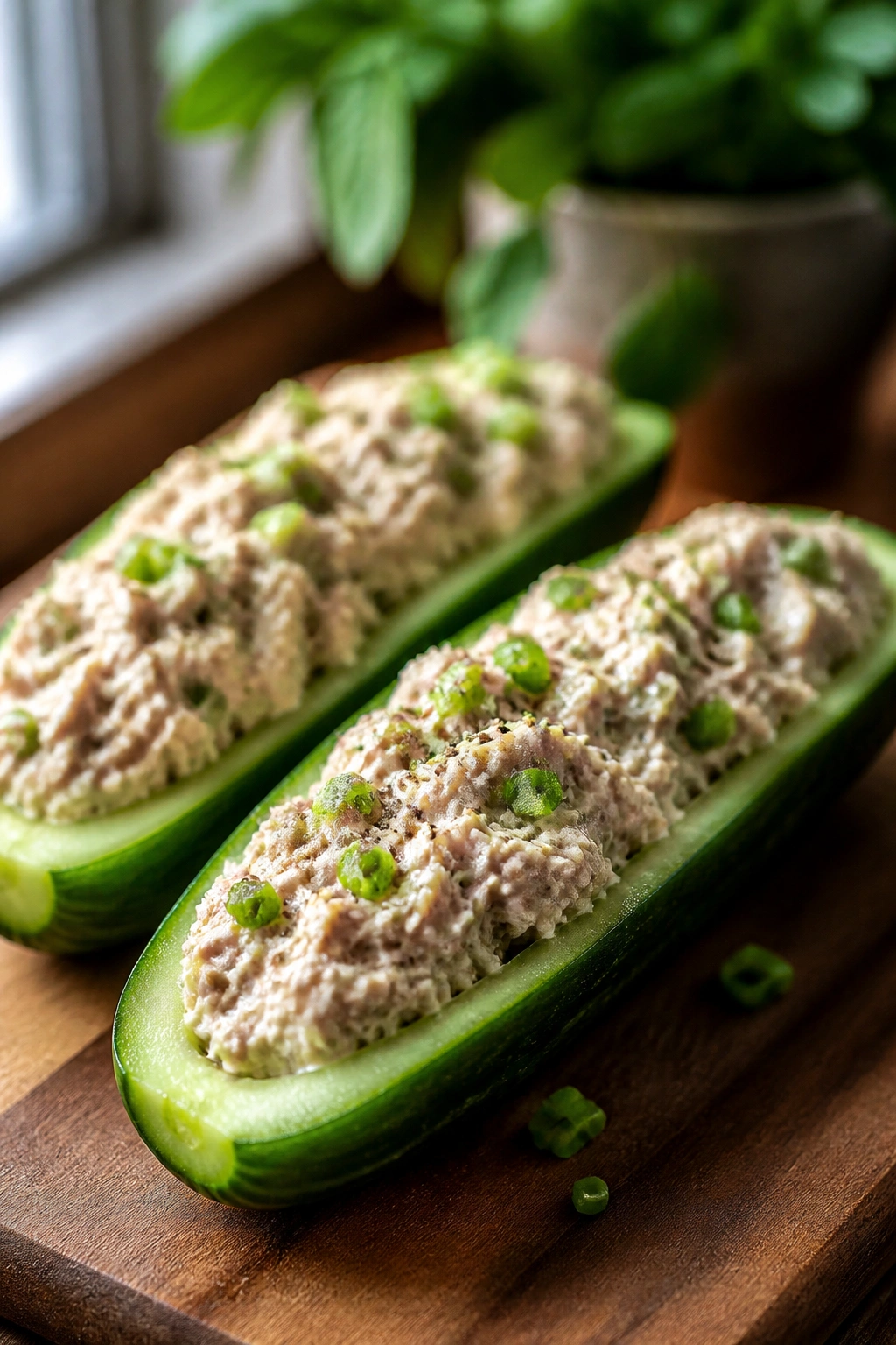 Close-up of tuna-stuffed cucumber boats on a wooden cutting board.